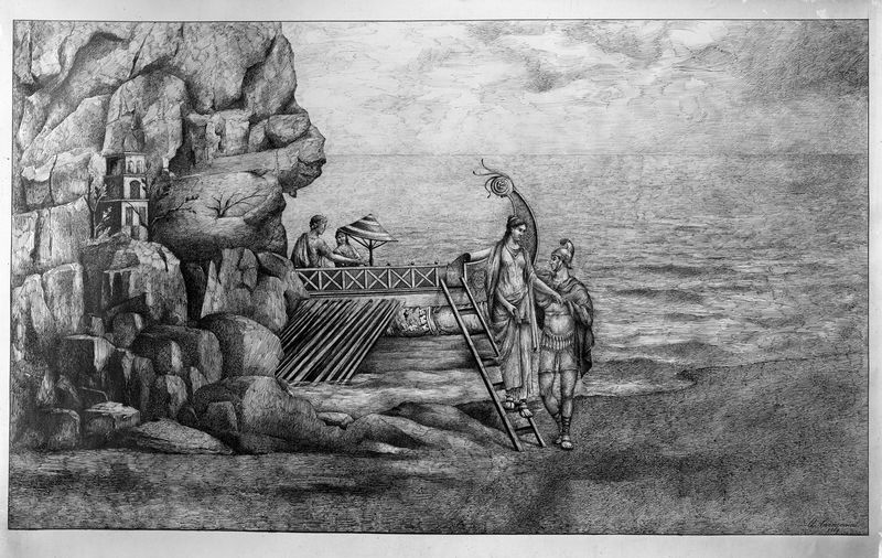001604 - elaborato grafico - Megalografia (quadro a soggetto mitologico) raffigurante lo sbarco di Paride ed Elena da un quadrireme. Quattro distinti individui, attorno al parasole conino, si muovono e manovrano la scala alle spalle dei due giovani. A sinistra sulla costa rocciosa e alberata, vi Ã¨ collocato un faro in miniatura. Disegno di Cremonini. Bibliografia di riferimento: Iacopi, I. "Aula Isiaca" 1997 Electa  pp. 17- 23