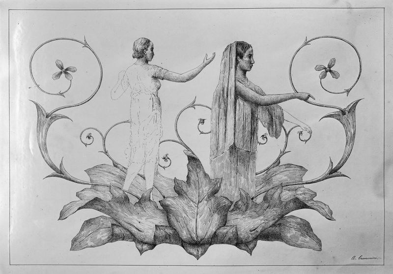 001608 - elaborato grafico - Aula Isiaca, parete lunga, pannello di destra. Figura femminile velata, riferibile al culto di Iside, che sorge da un caule di foglie e protende la mano verso un ampio girale floreale. Dietro la sacerdotessa, figura in analogo atteggiamento. Bibliografia: Iacopi, I. "Aula Isiaca" 1997 Electa pag. 9