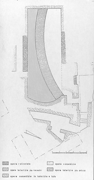 001664 - elaborato grafico - Planimetria dell'Aula, con indicazione della cisterna curvilinea di etÃ  neroniana che pose fuori uso il locale. L'Aula si presenta a pianta rettangolare absidata con copertura voltata e soffitto piano nell'estremitÃ  nord-orientale. 