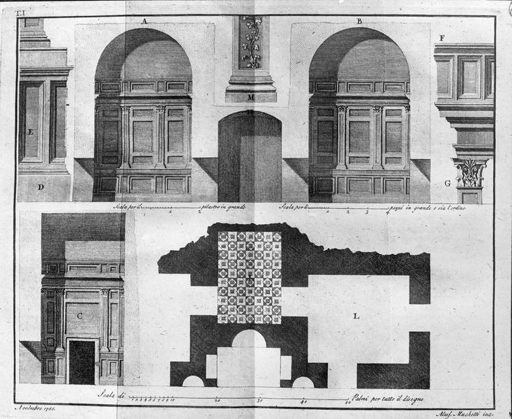 003471 - elaborato grafico - Domus Augustana: pianta e alzato di ambienti dietro l'ottagono di destra, disegno Guattari 1785