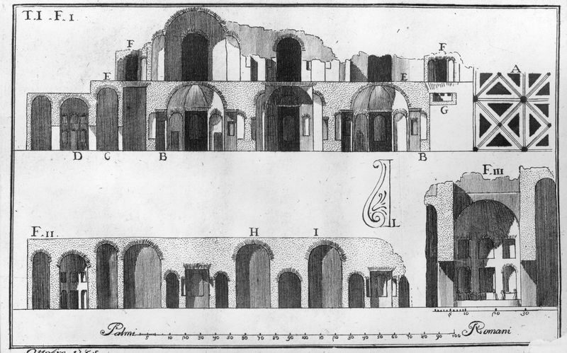 003472 - elaborato grafico - Domus Augustana, peristilio inferiore: sezione con studio per il suo restauro
