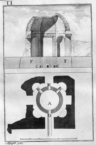 003476 - elaborato grafico - Domus Augustana: piccolo ambiente a nicchia (B),pianta e alzato del Guattari 1785