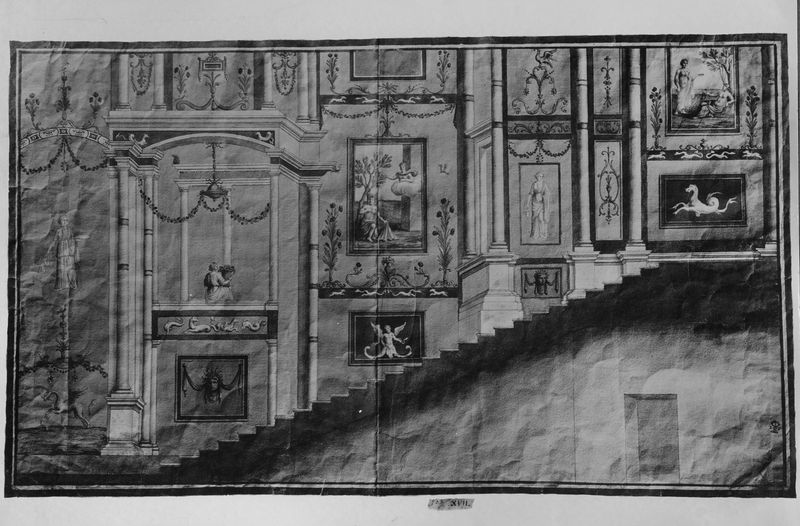 003822 - elaborato grafico - Domus Flavia, aula regia: disegno del XVIII secolo della decorazione di una scala presso l'aula