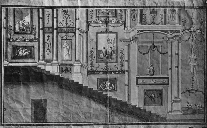 003824 - elaborato grafico - Domus Flavia, aula regia: disegno del XVIII secolo della decorazione di una scala presso l'aula - Eton Coleraime (Corpus) VII-23 - Large Case XVI-