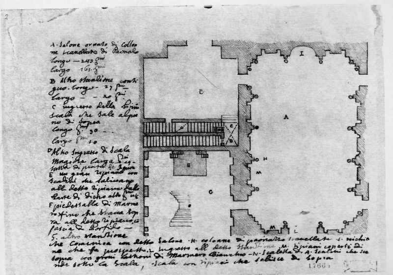 003829 - elaborato grafico - Domus Flavia, aula regia: pianta dell'ambiente di passaggio e parte del Larario (Coll. Lanciani)