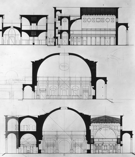 003835 - elaborato grafico - Domus Flavia: planimetria rilievi e ricostruzioni sezione longitudinale del Palazzo e dell'Aula Regia - sezione trasversale del Palazzo, Gordon Leith 1913