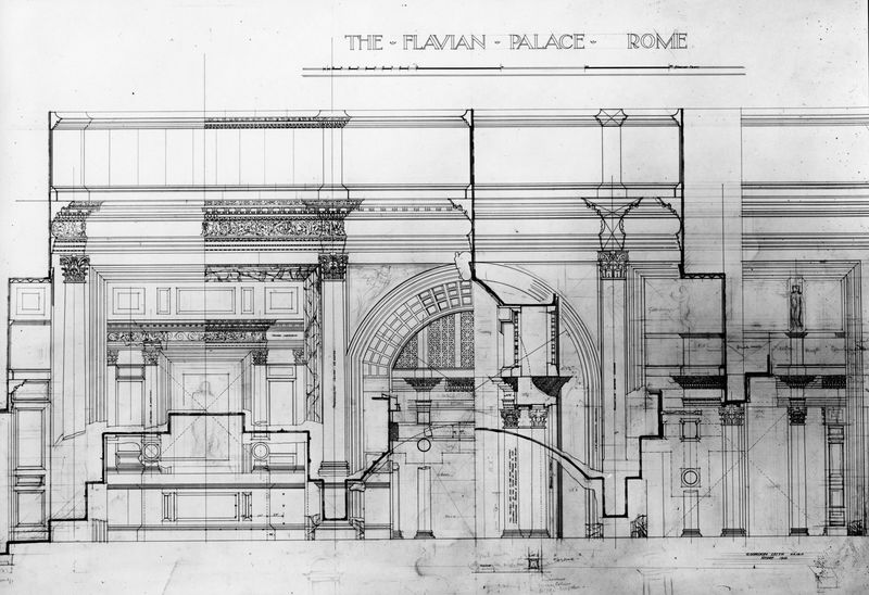 003837 - elaborato grafico - Domus Flavia, aula regia: studio architettonico con rilievi e ricostruzioni, Gordon Leith 1913