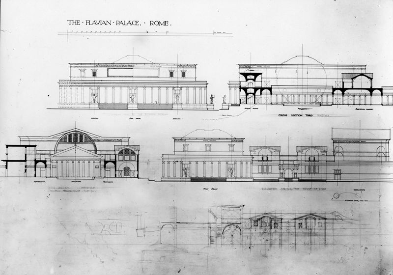 003839 - elaborato grafico - Domus Flavia: rilievi e ricostruzioni prospetti e sezione Gordon Leith 1913