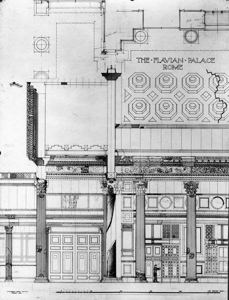 003840 - elaborato grafico - Domus Flavia: rilievi e ricostruzioni in particolare la sezione  del triclinio, Gordon Leith 1913