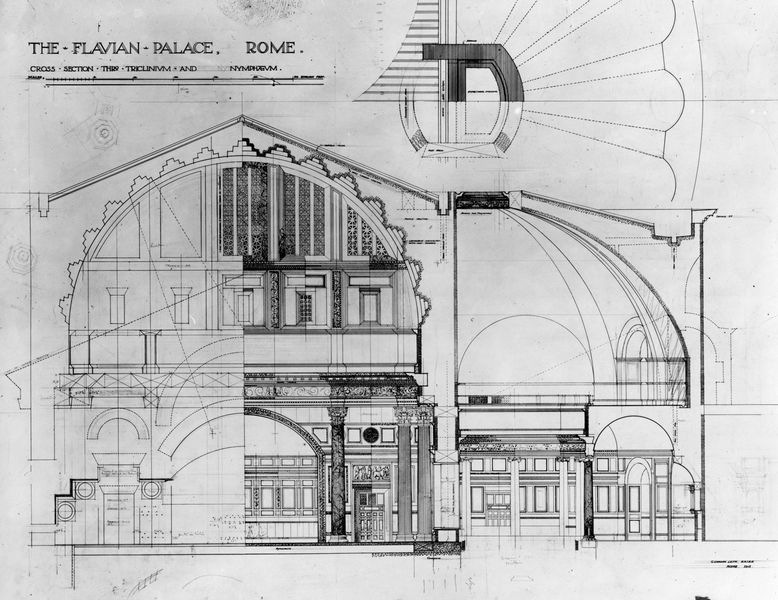 003841 - elaborato grafico - Domus Flavia: rilievi e ricostruzioni- sezione  del triclinio e ninfeo occidentale, Gordon Leith 1913