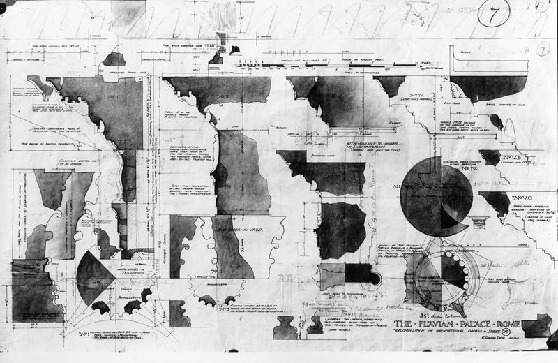 003842 - elaborato grafico - Domus Flavia: rilievi e ricostruzioni- studio di ricomposizione degli ordini architettonici, Gordon Leith 1913