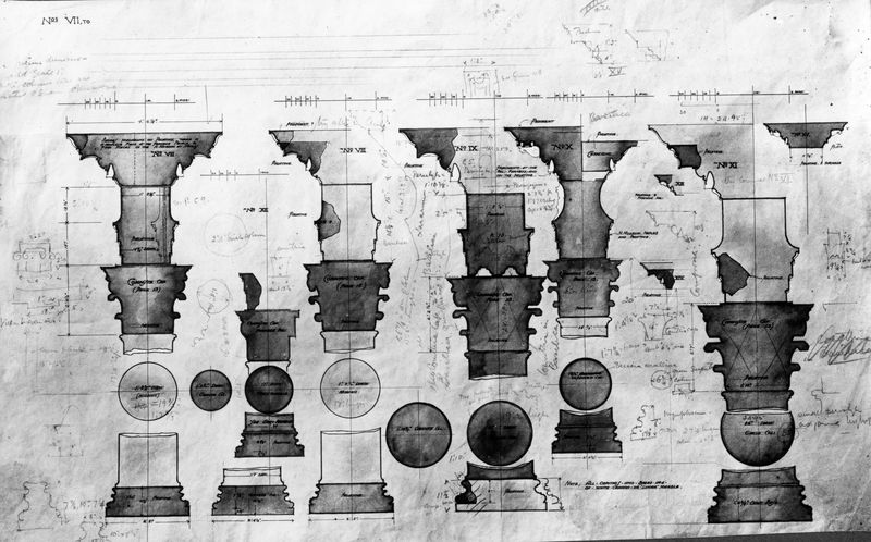 003843 - elaborato grafico - Domus Flavia: rilievi e ricostruzioni- studio di ricomposizione degli ordini architettonici, Gordon Leith 1913