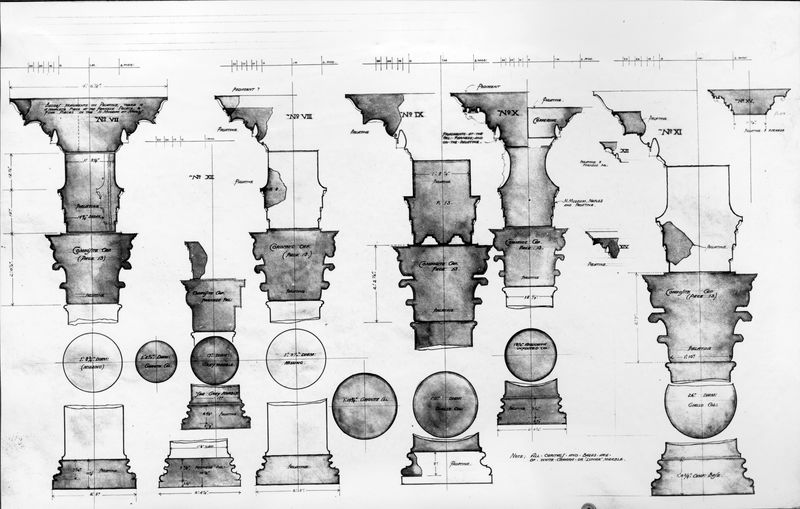003847 - elaborato grafico - Domus Flavia: rilievi e ricostruzioni di pezzi architettonici al Palatino, Palazzo Farnese, e Napoli Gordon Leith 1913