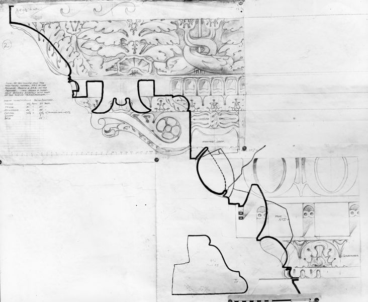 003852 - elaborato grafico - Domus Flavia: rilievi e ricostruzioni - particolare di cornice, Palazzo Farnese e Palatino, Gordon Leith 1913