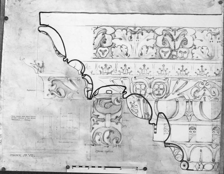 003854 - elaborato grafico - Domus Flavia, aula regia: rilievi e ricostruzioni, in particolare di cornici (Museo Nazionale di Napoli) Gordon Leith 1913