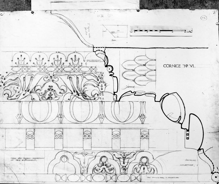003855 - elaborato grafico - Domus Flavia, aula regia: rilievi e ricostruzioni, in particolare di cornici (Museo Nazionale di Napoli) Gordon Leith 1913