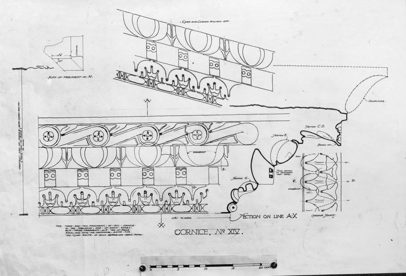 003856 - elaborato grafico - Domus Flavia, aula regia: rilievi e ricostruzioni, in particolare di cornici (Museo Nazionale di Napoli) Gordon Leith 1913