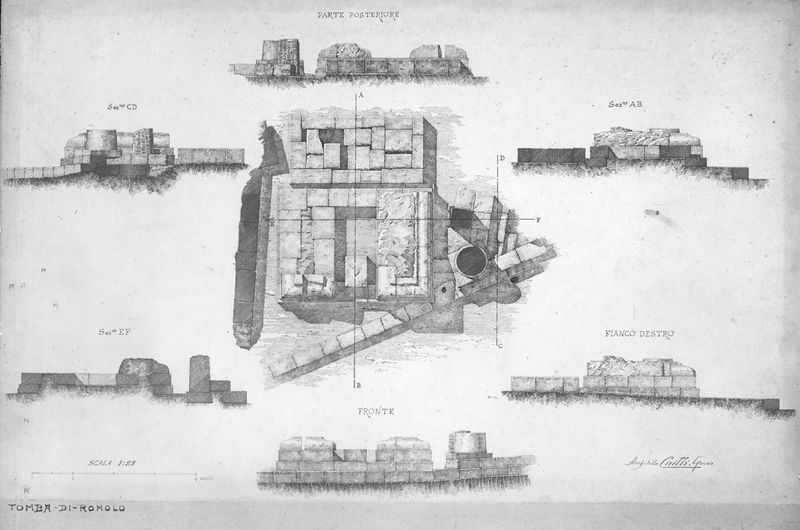 015544 - elaborato grafico - Pianta e sezione dei monumenti sotto il Niger Lapis, Scavo 1900, Disegnatore: Architetto Guido Cirilli, Tomba di Romolo, Scala 1:25; Neg. Serie E, Nr. 398 - 590