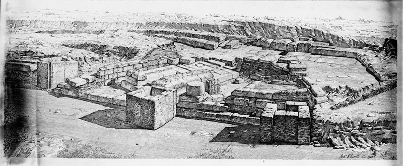 015557 - elaborato grafico - Riproduzione di un disegno di Cirilli rappresentante il gruppo di monumento sotto il Niger Lapis, scavo 1900; Neg. Serie E, Nr. 591, 452, 397