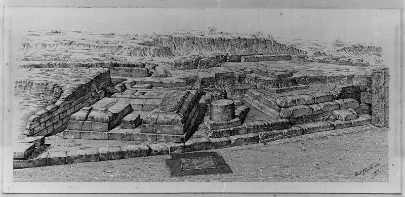 015558 - elaborato grafico - Riproduzione di un disegno dell'architetto Cirilli, rappresentante il gruppo dei monumenti sotto il Niger Lapis, scavo 1900, Neg. Serie E, Nr. 395, Film 1495