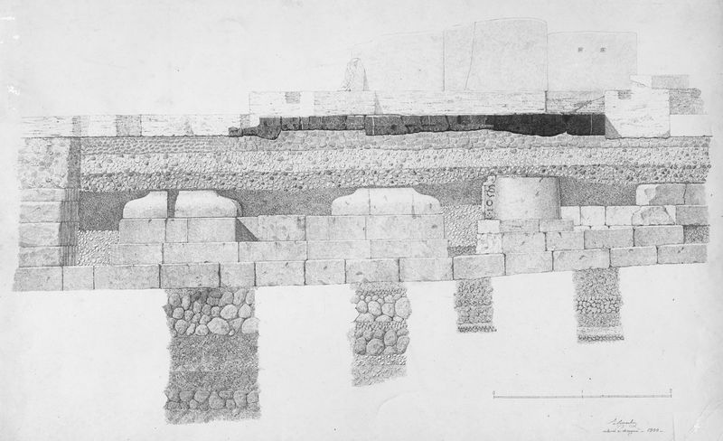 015556 - elaborato grafico - Niger Lapis, Sezione stratigrafica del sopra e sotto i monumenti arcaici, Disegnatore: Rilievo e disegno Torquato Ciacchi 1900; Neg. Serie C, Nr. 317, 640