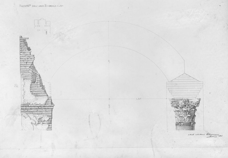 019511 - elaborato grafico - Santa Maria Antiqua, navata centrale, studio di restauro dell'Arco B (scala 1:10), 1901 ; neg. serie E, n. 584