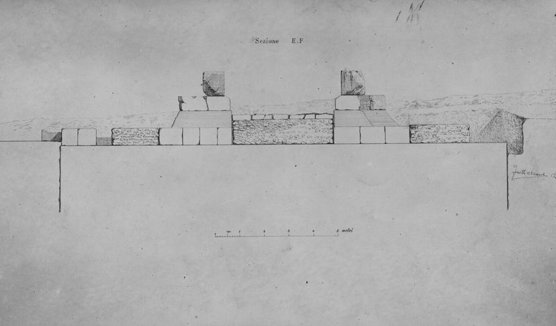 020056 - elaborato grafico - Arco di Augusto, sezione degli scavi Boni (disegno Ferretti); film 1250 (film 1493)