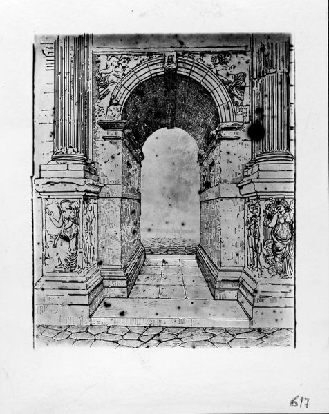 020066 - elaborato grafico - Arco di Augusto, riproduzione di un disegno dell'arch. Ciocchi rappresentante la prospettiva dal fornice di destra dopo aver liberato il basamento dal terrapieno; neg. serie F, n. 617