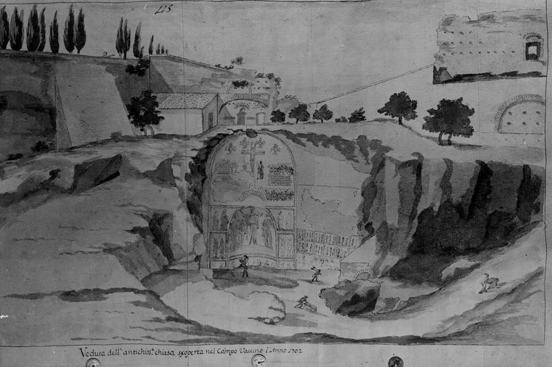 019503 - elaborato grafico - Santa Maria Antiqua, pitture, abside, scavi del XVIII secolo in un acquerello del diario di Francesco Valesio (Arch. Com. di Roma); neg. serie E, n. 88