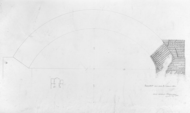 019510 - elaborato grafico - Santa Maria Antiqua, navata centrale, studio di restauro dell'Arco A (scala 1:10), 1901 ; neg. serie E, n. 583