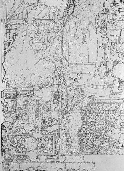 019519 - elaborato grafico - Santa Maria Antiqua, pitture, cappella centrale, particolare dei dipinti dell'abside (disegno di A. Petrignani); neg. serie E, n. 52692