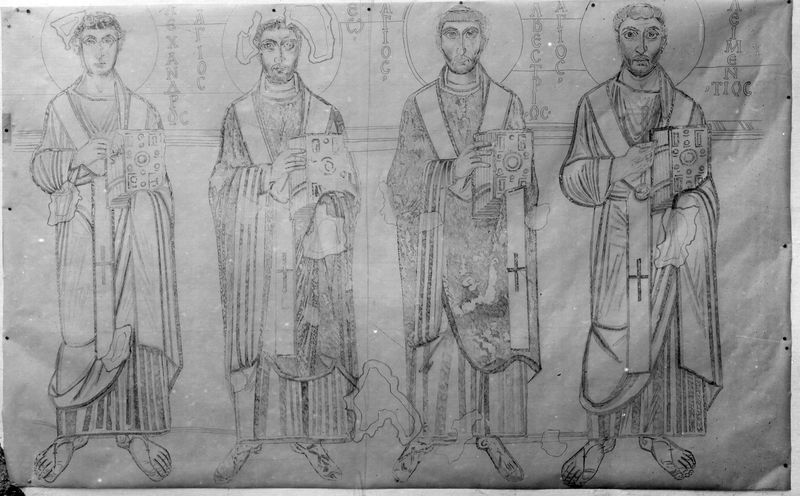 019522 - elaborato grafico - Santa Maria Antiqua, pitture, navata sinistra, da destra: S. Clemente, S. Silvestro, S. Leone, S. Alessandro; neg. serie E, n. 276