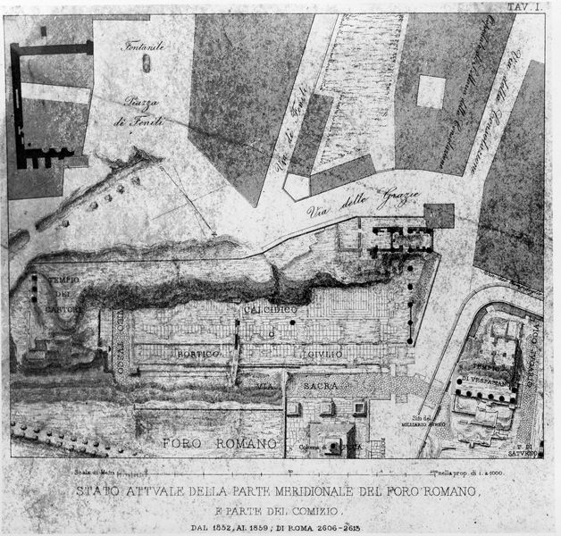 012289 - elaborato grafico - Basilica Giulia, scavi 1859, disegno G. Montiroli, Coll. Lanciani - Roma XI-4-III-11; neg. serie E, n. 2485, film 1495