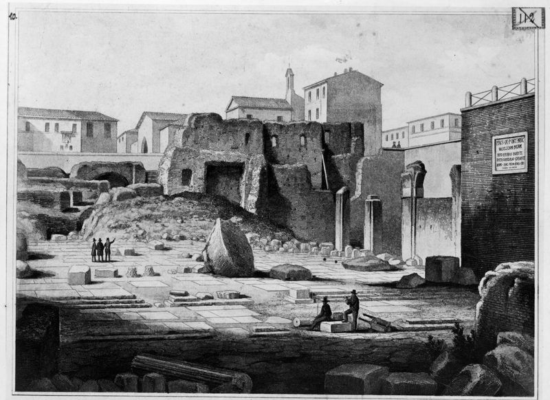 012288 - elaborato grafico - Basilica Giulia, veduta degli scavi del 1853, incisione dalla Coll. Lanciani, Roma XI-4-VI-10; neg. serie F, n. 2343