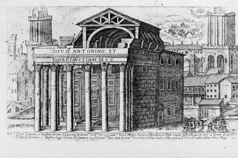 019753 - elaborato grafico - Tempio di Antonino e Faustina, veduta di AlÃ² Giovannoli (Veduta degli antichi vestigi di Roma, 1916, foglio 49); neg. serie F, n. 626