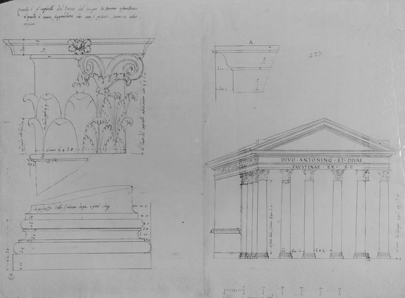 019760 - elaborato grafico - Tempio di Antonino e Faustina, disegni dagli Uffizi, Tempio e particolari architettonici
