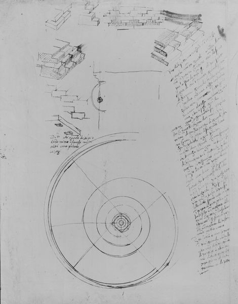 019761 - elaborato grafico - Tempio di Antonino e Faustina, disegno di Antonio da Sangallo il Giovane (Uffizi), a sinistra, ricordo dei gradini di Antonino e Faustina, costruzione della voluta di un capitello ionico e schemi di una gradinata (Bartoli, Tav. CCI, fig. 341, arch. 1218)