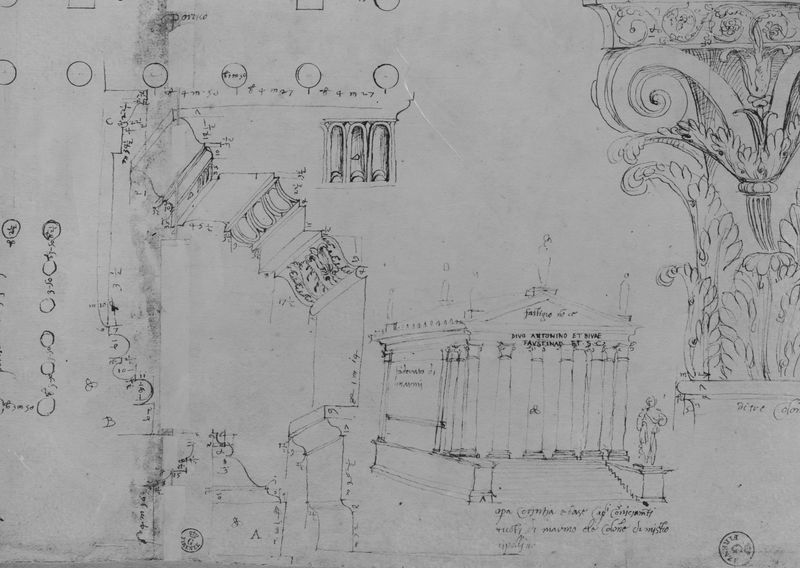 019763 - elaborato grafico - Tempio di Antonino e Faustina, disegno di Baldassarre Peruzzi (Uffizi): profilo dello zoccolo, sezione assonometrica della trabeazione, schizzo prospettico (a destra, capitello del Tempio dei Castori) (Bartoli, Tav. CLXXXXV, f.320)