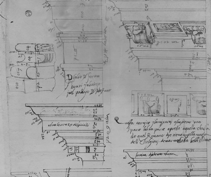 019752 - elaborato grafico - Tempio di Antonino e Faustina, disegno di Fra Giocondo (Uffizi). In basso a sinistra, particolare della cornice del Tempio (Bartoli Tav. XXXI - Uffizi Arch. 1539 r); neg. serie F, n. 202