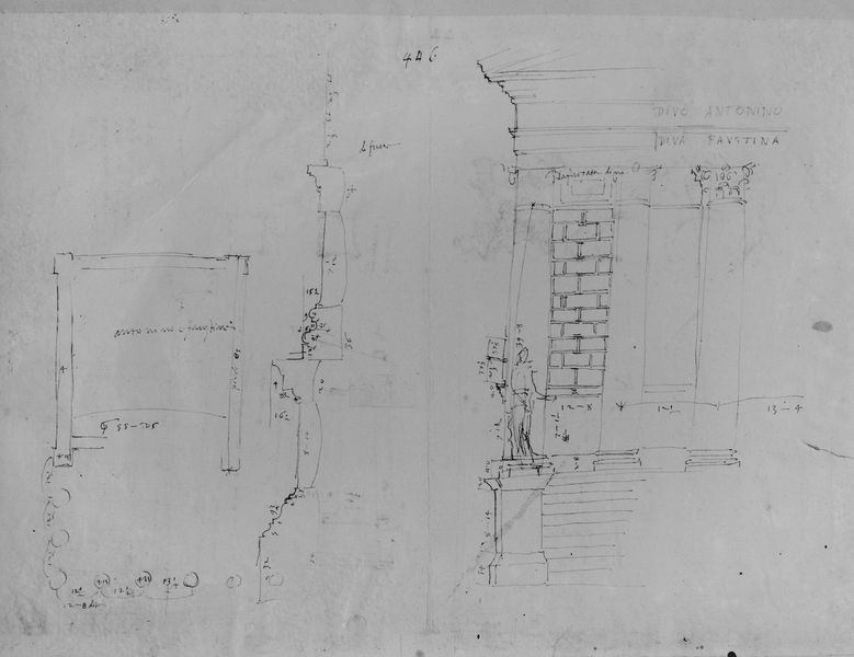 019758 - elaborato grafico - Tempio di Antonino e Faustina, disegno di Antonio da Sangallo il Giovane (Uffizi), pianta e profilo del fianco e prospetto (Bartoli, III, Tav. CCXC, fig. 477,  Arch. 1166 v); neg. serie E, n. 25