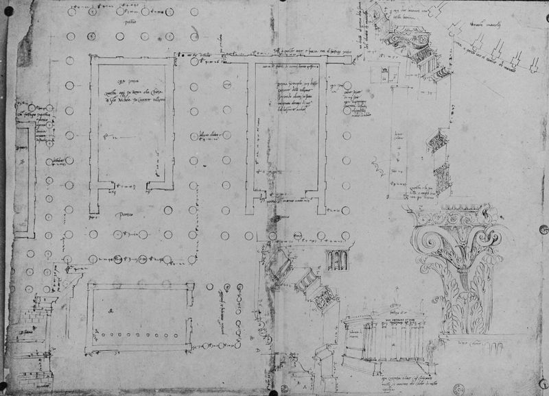 019762 - elaborato grafico - Tempio di Antonino e Faustina, disegno di Baldassarre Peruzzi (Uffizi): 1) pianta di tre templi del Foro Olitorio e di parte del T. Marcello; 2) particolare cornici stilobate, sezione assonometrica, trabeazione e schizzo prospettico del Tempio di Antonino e Faustina (Bartoli, CLXXXV, fig. 320, arch. 478 v + 631 r); neg. serie E, n. 23