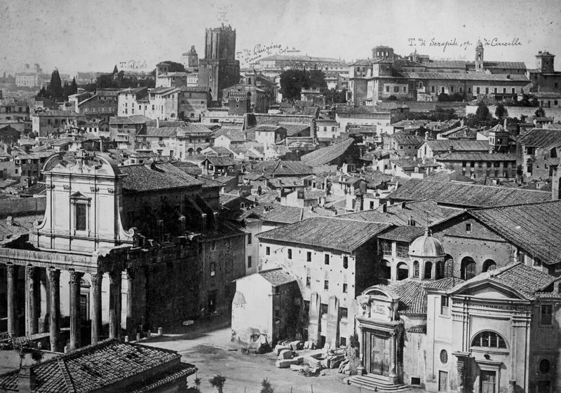 019833 - monumento - Veduta del Foro Romano, particolare del Tempio di Antonino e Faustina con il c.d. Tempio di Romolo, veduta dal Palatino, del XIX secolo, prima degli scavi della Via Sacra; neg. serie A, n. 706