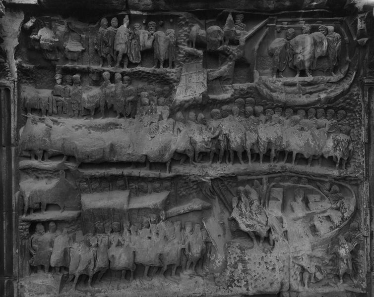 020200 - monumento - Arco di Settimio Severo, fronte est, il pannello storico destro; foto Accademia Americana, E. 2, F 2722 ripr. film 2930