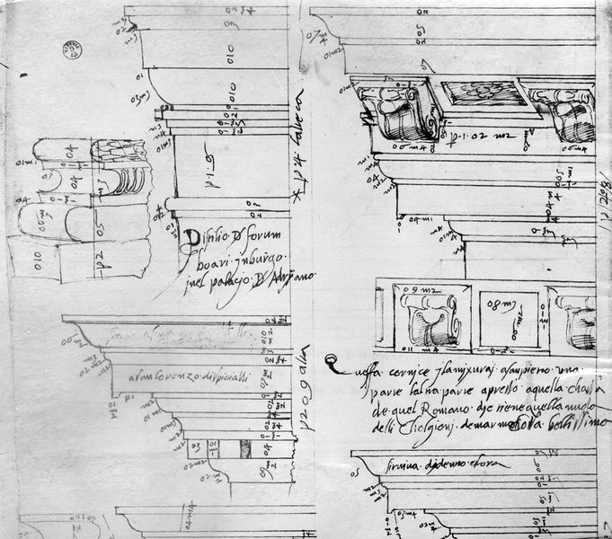 011412 - elaborato grafico - Basilica Emilia, disegno di Fra' Giovanni Giocondo da Verona conservato nel Gabinetto Disegni e Stampe degli Uffizi Firenze. In alto a sinistra capitello di pilastro (e base?) della parte demolita nel 1500. Bibliografia di riferimento: Bartoli tavola XXV Arch. 1539); Neg. Serie Film nÂ° 1252