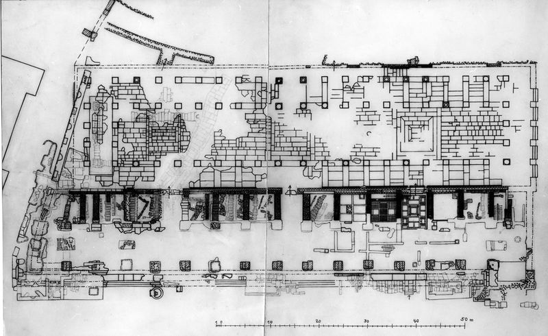 011419 - elaborato grafico - Basilica Emilia, Pianta delle fasi di costruzione H. Bauer, disegnato 1969 sulla base di una pianta di Tognetti. Neg. Serie Film nÂ° 1506