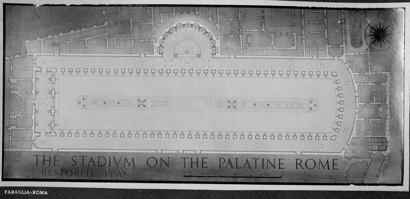 006431 - elaborato grafico - Stadio di Domiziano, vedute generali dell'area, pianta topografica dello stadio di R.P. Cummings (pianta restaurata). Neg. serie Faraglia