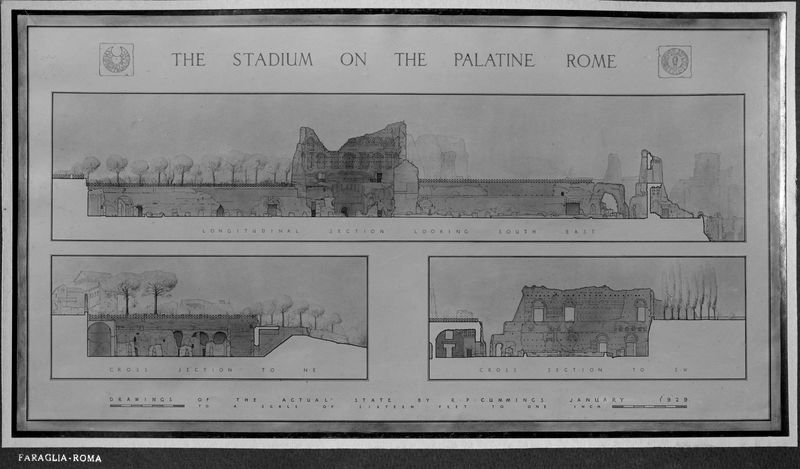006432 - elaborato grafico - Stadio di Domiziano, sezione allo stato attuale vista da SE (sud/est), NE (nord/est), SW (sud/ovest), eseguita da R.P. Cummings (gennaio 1929). Neg. serie Faraglia