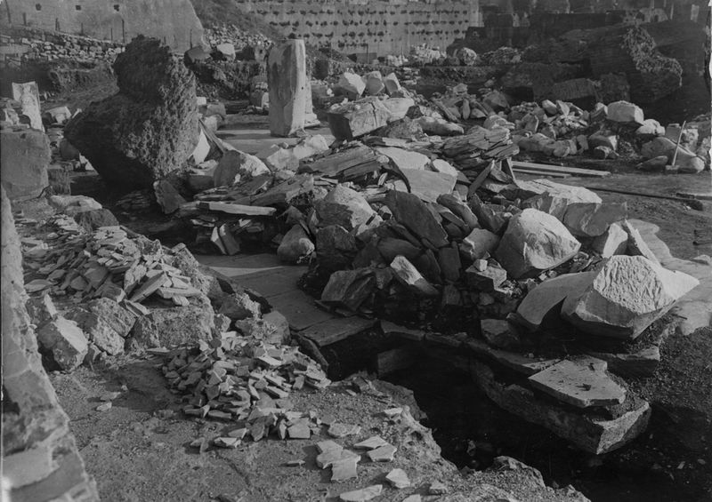 011182 - scavo archeologico - Basilica Emilia, interno dell'Aula, durante lo scavo, colonnato di cipollino; Neg. Serie A Nr. 67 [Reg. agosto 1958] 