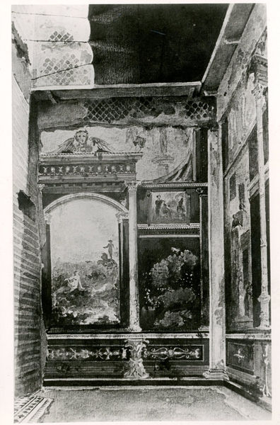 002781 - elaborato grafico - Casa di Livia, tablino o vano B: acquarello (?) della parete di fondo con raffigurazione di Polifemo e Galatea entro l'edicola dipinta. 

Senza negativo