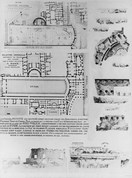 006429 - elaborato grafico - Stadio di Domiziano, vedute generali dell'area, piante topografiche con ricostruzioni e sezioni di Heliog e Chauvet. Senza negativo